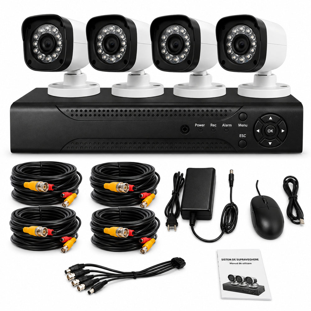 Sistem Supraveghere Video CCTV cu DVR 4 Canale și 4 Camere 600 TVL, Infraroșu, Acces Telefon, HDMI și VGA