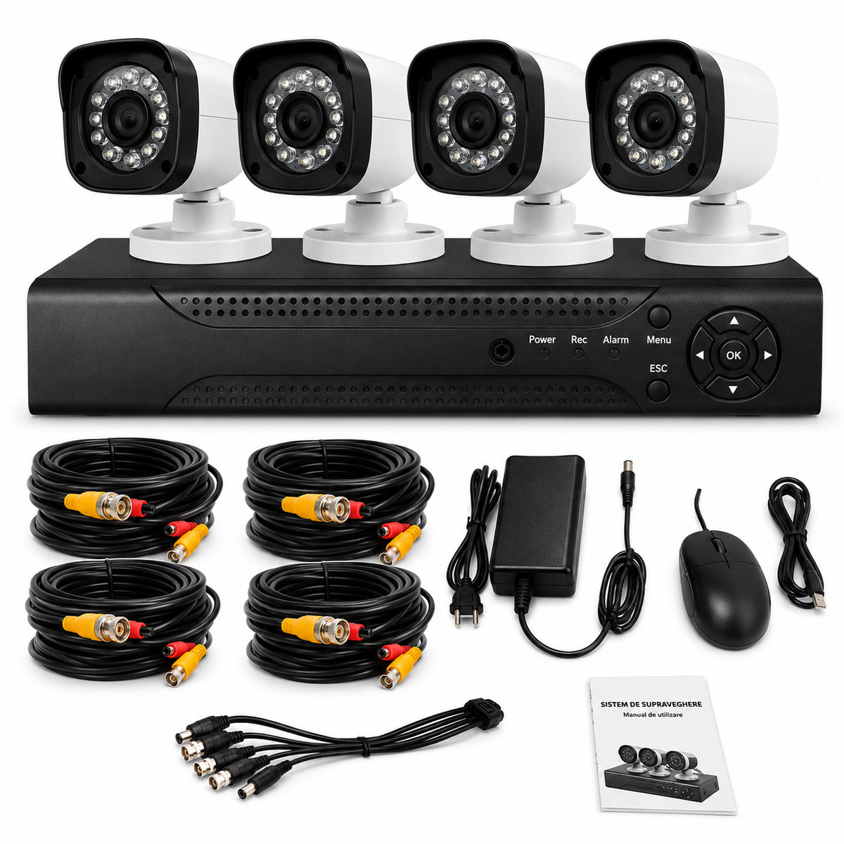 Sistem Supraveghere Video CCTV cu DVR 4 Canale și 4 Camere 600 TVL, Infraroșu, Acces Telefon, HDMI și VGA