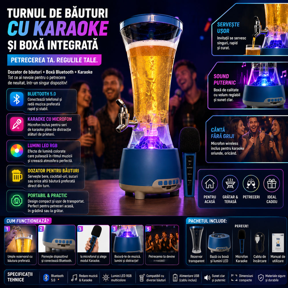 Turn Dozator Băuturi 3 în 1 cu Boxă Bluetooth 5.0, Karaoke, Microfon și Lumini LED RGB