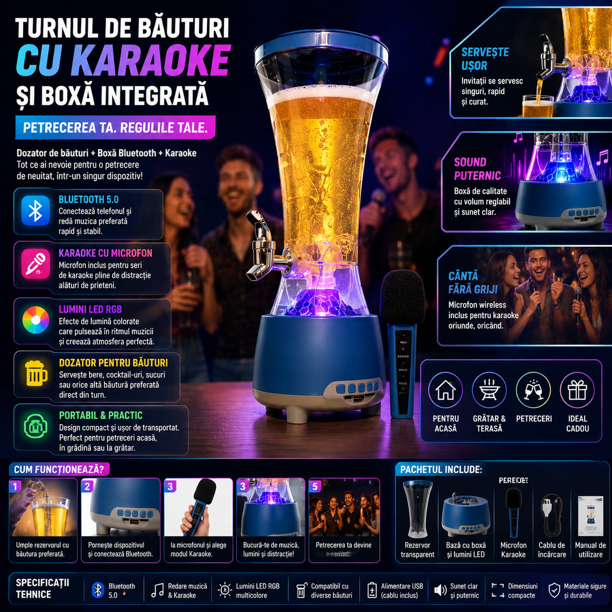 Turn Dozator Băuturi 3 în 1 cu Boxă Bluetooth 5.0, Karaoke, Microfon și Lumini LED RGB