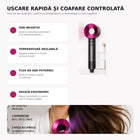 Uscător de Păr Supersonic HD15 cu Ioni Negativi, Temperatură Reglabilă, Cablu 3 m și 5 Accesorii, Roz