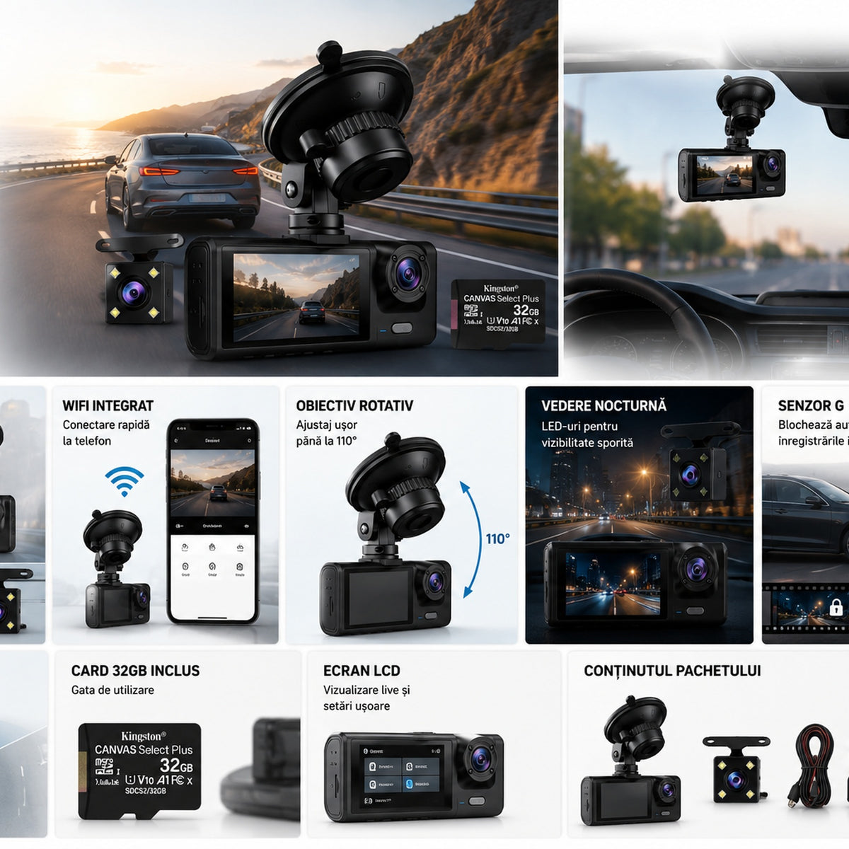 Cameră Auto DVR Duală Full HD 1080P cu Wi-Fi, Cameră Spate, Card 32GB, G-Sensor și Vedere Nocturnă
