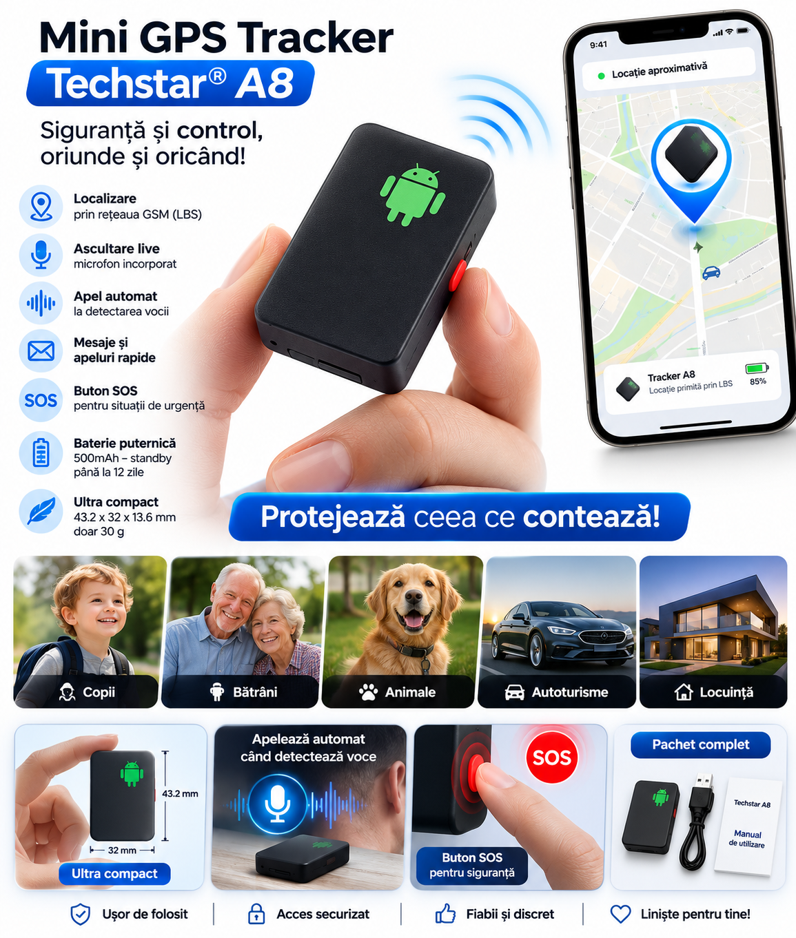 Mini Tracker GSM/LBS Techstar A8 cu Localizare, Microfon, Alerta Vocala, Buton SOS, SIM GSM, Baterie 500mAh, Negru