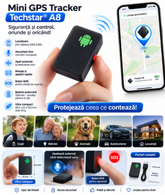 Mini Tracker GSM/LBS Techstar A8 cu Localizare, Microfon, Alerta Vocala, Buton SOS, SIM GSM, Baterie 500mAh, Negru