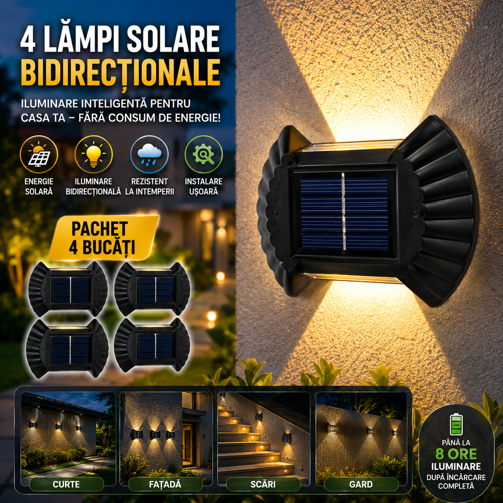 Set 4 Lămpi Solare de Perete Bidirecționale, LED SMD, Aprindere Automată, Lumină Caldă, pentru Exterior