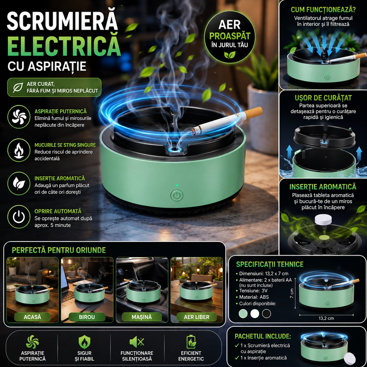 Scrumieră Electrică cu Aspirație Fum și Miros, Oprire Automată 5 Minute, Aromaterapie, 2xAA