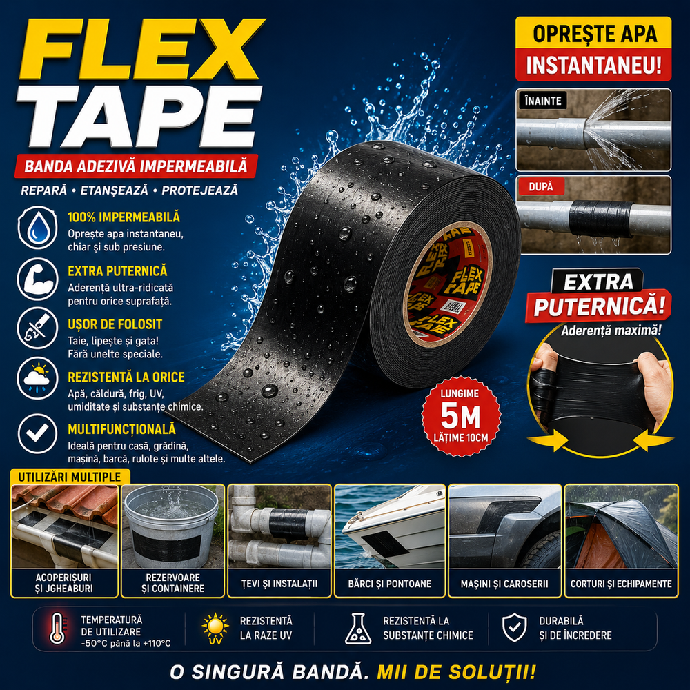 Banda Adezivă Reparatoare Flex Tape 1,5 m x 30 cm, Impermeabilă, pentru Etanșare și Reparații